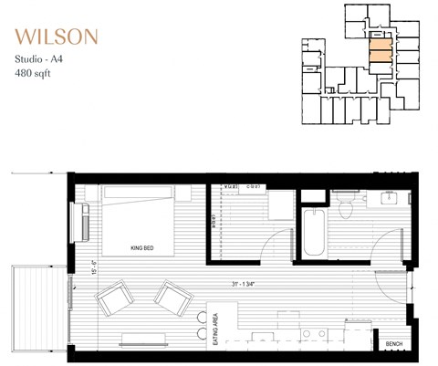 Floor plan for studio, 1 bath, 480 sqft